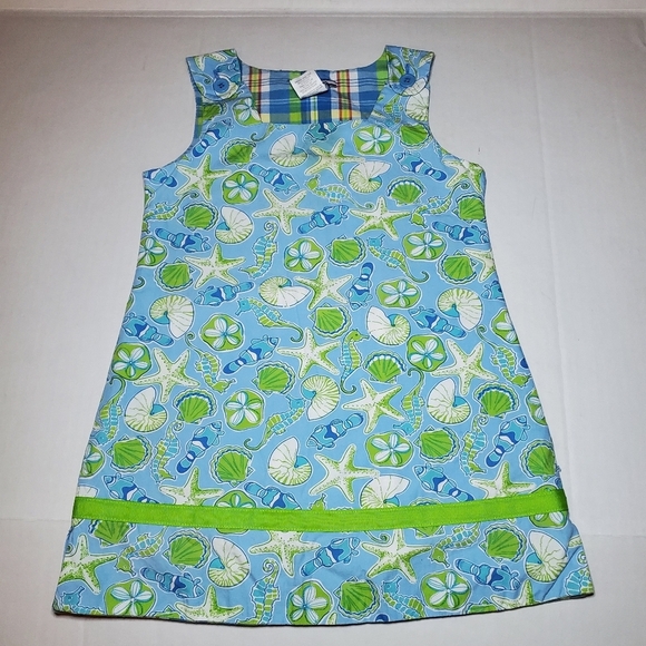 Heartstrings, nautical Dress Blue and Green Starfish/reversible  plaid Sz 4 - Picture 1 of 10